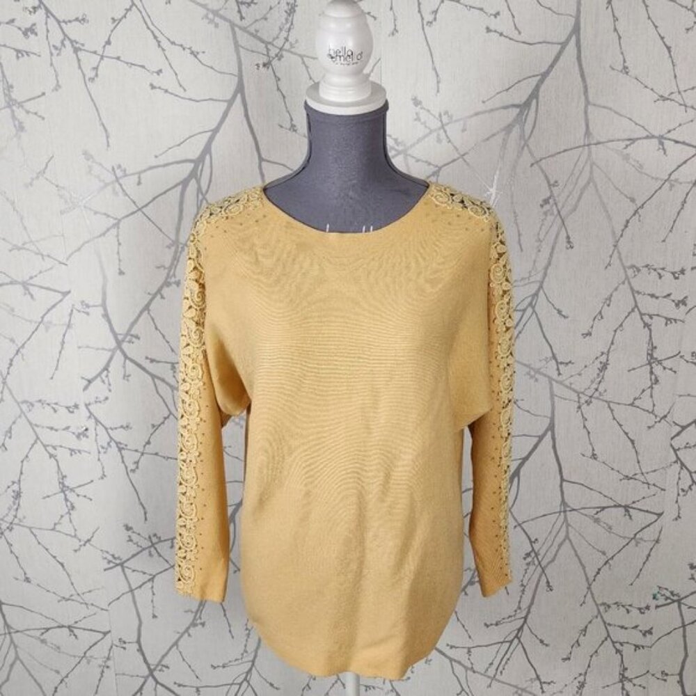 Liv Milano Yellow Knit Lace Stripe Dolman Sleeve Round Neck Top
